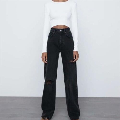 MESTTRAF Women 2021 Fashion Ripped Hole Wide Leg Jeans Vintage High Waist Zipper Fly Female Trousers Streetwear