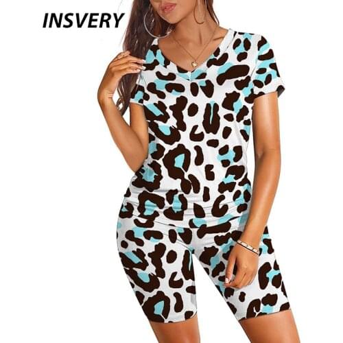 2021 Two Piece Outfits Leopard Printing Fashion Slim Woman Clothing Short Sleeve Fitness Tracksuit Elastic Waist Suit