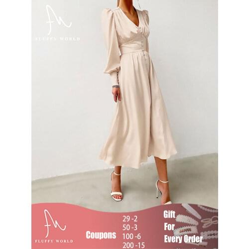 2021 Elegant Women Solid Single Breasted Satin Maxi Dress Elegant V Neck Long Lantern Sleeve Dresses A Line Ankle Lengh Dresses