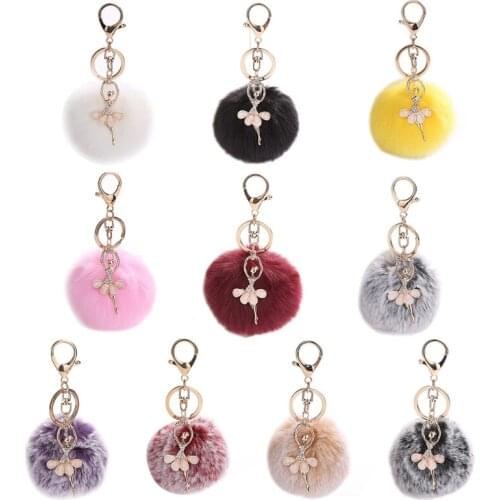 Women Girls Faux Fur Plush Pom Pom Ball Keychain with Glitter Rhinestone Crystal Ballet Dancer Pendant Charm Bag Jewelry Keyring