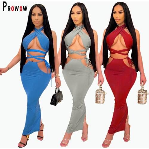 Prowow Sexy Women Dress Halter Cross Bandage Corset Tops Maxi Skirt 2pcs Summer Female Clothes Hollow Out Party Nightclub Suits