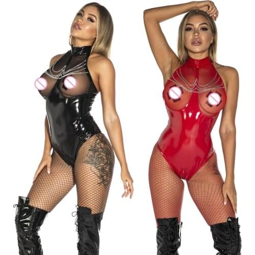 Plus Size Women Sexy Mesh Erotic Lingerie Necklace Decorate Leather Bodysuit Open Crotch Catsuit Fetish Wear Jumpsuit