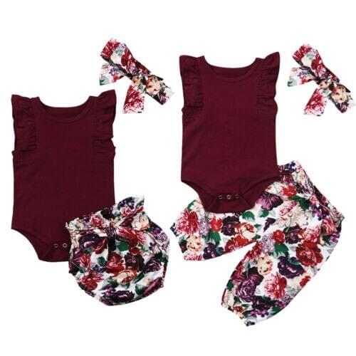 3Pcs Girls Clothes Set Princess Newborn Baby Girls Summer Sleeveless Cotton Romper Floral Printed Long Pants/Shorts Headband Set