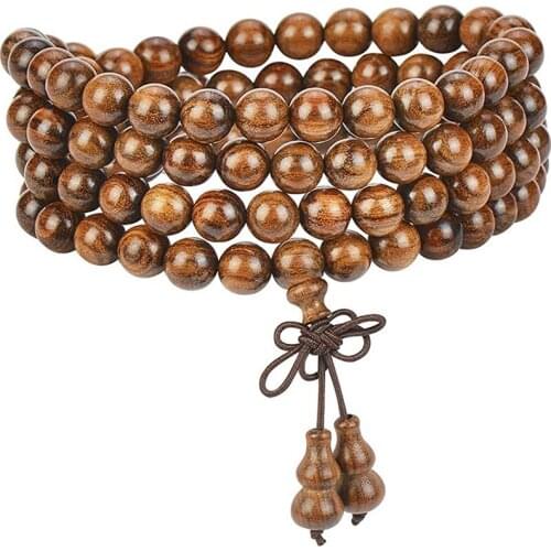 Mens Womens Meditation Wood Necklace Chain Bracelets 108 Buddhist Strand Wood Prayer Beads Sandalwood Link Wrist