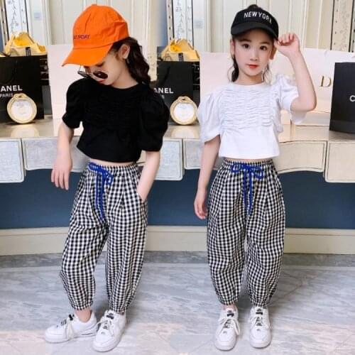 Kids Wear Summer Suit 2021 New Girl Puff Sleeve Top +Lattice Pants 2pcs Clothes Summer New