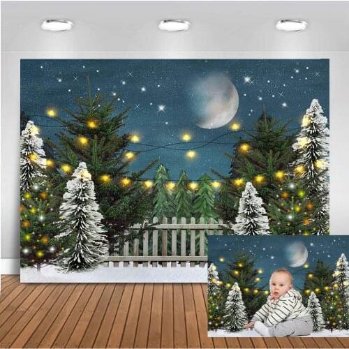 Christmas Eve Backdrop Winter Snow Green Pine Tree Background Christmas Starring Night Party Decoration Photography Backdrops