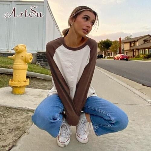 ArtSu Brown T-shirt Y2K Clothes Women Autumn Pullovers Streetwear O Neck Long Sleeve Top Casual Patchwork Tee Shirt Femme Tshirt