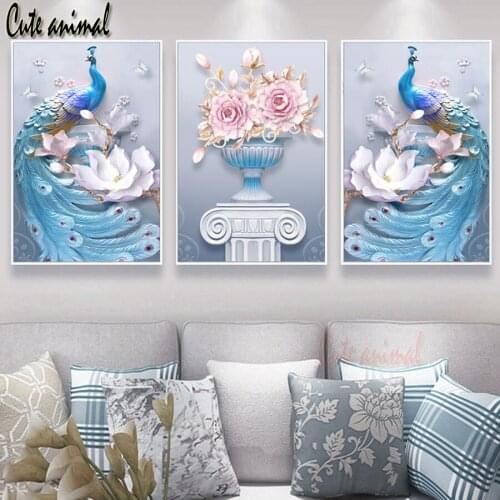 Peacocks Flower Triptych Diamond Painting Embroidery Diy Home Decor Rhinestone Picture Paste Mosaic Diamont New Christmas Gifts