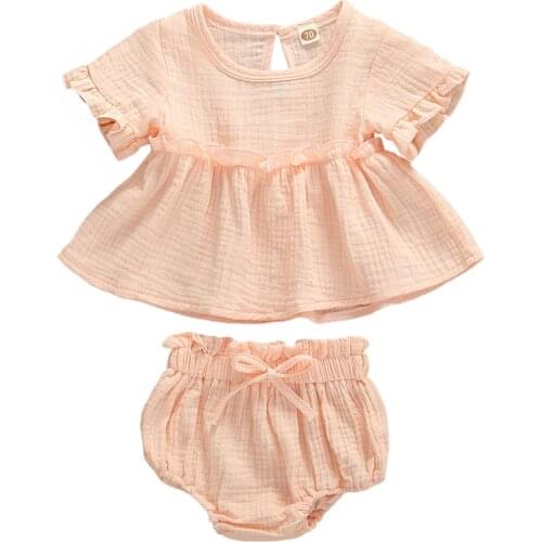 0-24M Summer Newborn Infant Baby Girls Clothes Sets Ruffles Solid Short Sleeve Tops+Shorts 2pcs 6 Colors