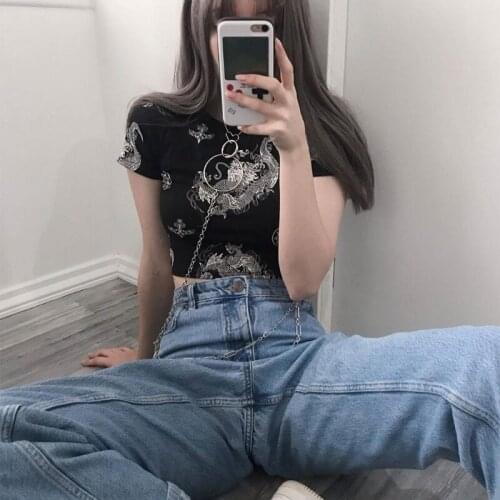 066C Loong Print Short Sleeve Slim Short Crop Top Sexy Navel T-shirt Round Neck