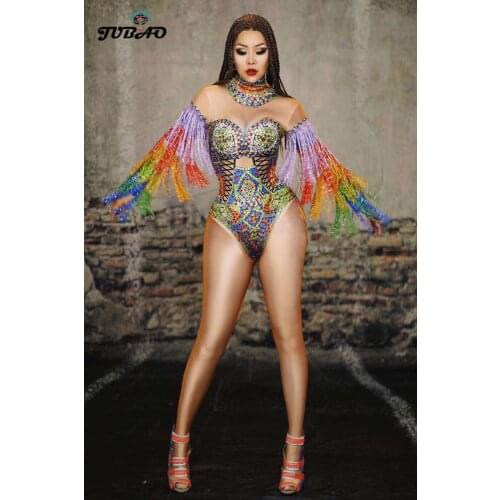 Costum Singer Sexy Women Top Elastic Jumpsuits Crystals Tassel NightClub Solid Dj Ds Skinny Jumpsuit for women 2019