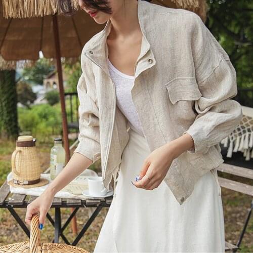 Cotton and Linen Jacket For Women Zip Up Solid Vintage Cargo Coats Pockets Stand Neck Fall Outerwear Female BF Thin Jackets C027