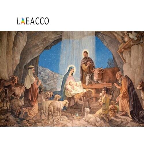 Laeacco Oil Painting Nativity Scene Jesus Birth Christian Barn Sheep Party Photo Backgrounds Photography Backdrop Photo Studio