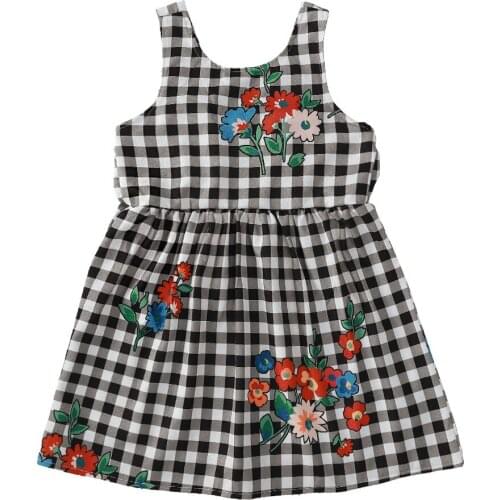 Summer Girl Dress Sleeveless Floral Print Plaid Children Dress Clothing