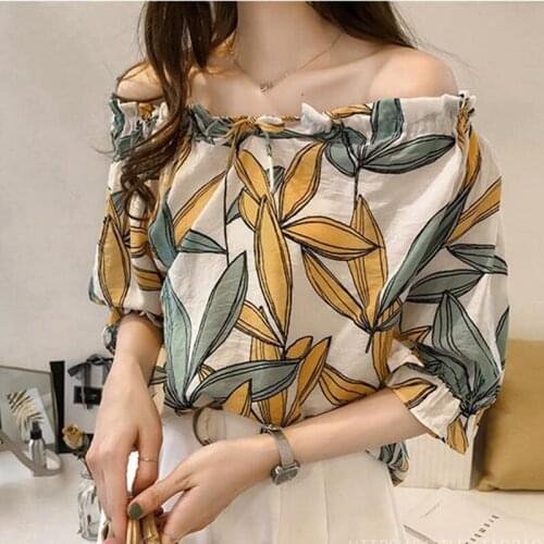 Summer New Shirt Women Temperament Printed Chiffon Blouse Female Loose Plus Size Thin Sexy Slash Neck Strapless Girls Top H9128