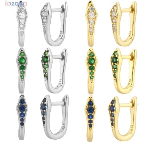 LOZOYA 925 Sterling Silver Gold Blue Hoops Piercing Three Color Clear Green Pendiente piercing Clips Wedding Rock Punk Snake
