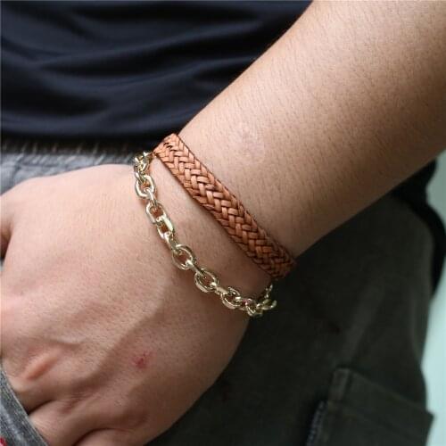 Multilayer Wrap Couple Punk Hiphop Rock Link Gold Color Chain Braided Leather Men Bracelets for Women Femme Homme Male Jewelry