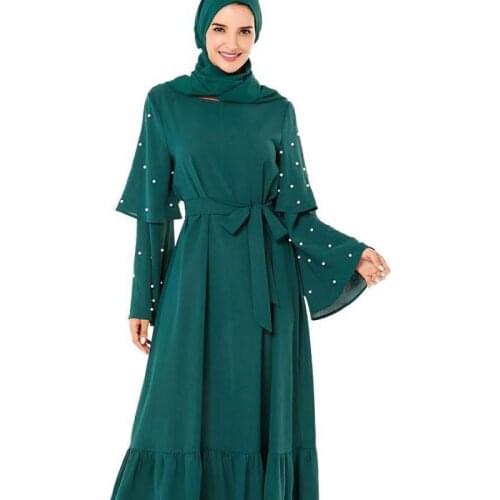 Fashionable Dress Beaded Belt Flared Sleeves Big Hem Muslim Long Dress Without Headscarf Moroccan Oriental Dress Kebaya