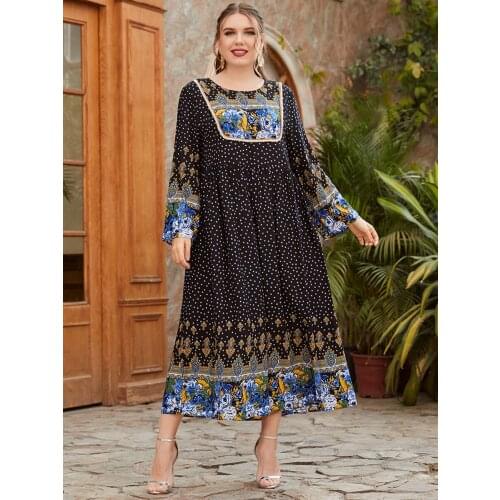 Muslim Abaya Long Dress Women Maxi Floral Print Kaftan Robes Ramadan Dubai Turkey Islamic Clothing Arab Duba Plus Size 4XL