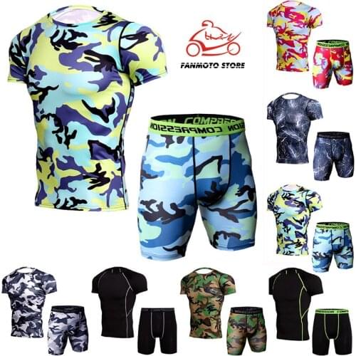 Mens fitness Jogging Compression Sports Suit motorcycle Camouflage Short Sleeve Shirt+Shorts Sets MMA Fitness T-shirt tracksuit