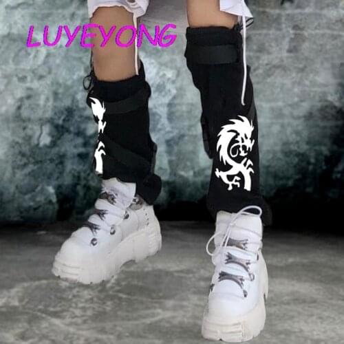 Cargo Socks Adjustable Buckle Knee Leg Warmer Punk Stretch Rock Sock Print Goth Ribbon Plastic Cool Woman 2020 Lady Black Dragon