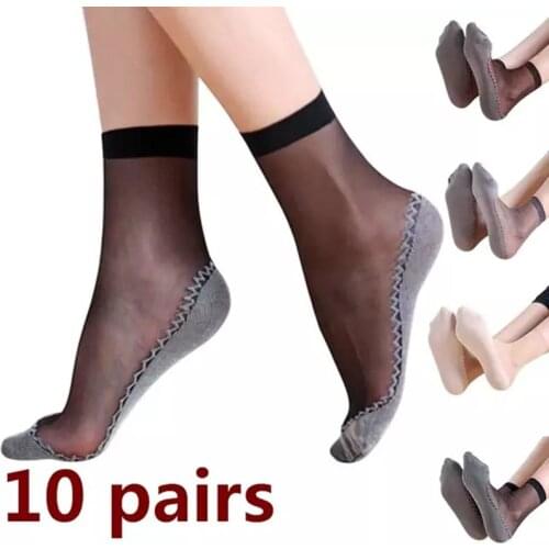 10 Pairs Women Sheer Elastic Short Silk Socks Summer Ultra Thin Breathable Anti-Slip Cotton Bottom Skin-Friendly Ankle Sox