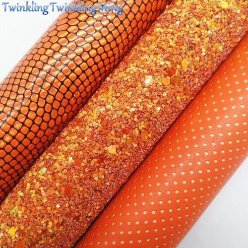 ORANGE Glitter Fabric, Gold Dots Faux Leather Fabric, Synthetic Leather Sheet For DIY Bows A4 Size 8"x11" Twinkling Ming XM103
