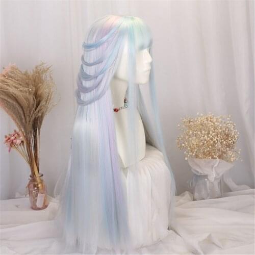 Anime Gradient ramp Lavender mix Blue lolita Cosplay Wig Girl Hairpiece Blunt Bangs Halloween Straight hair Hair Periwig only