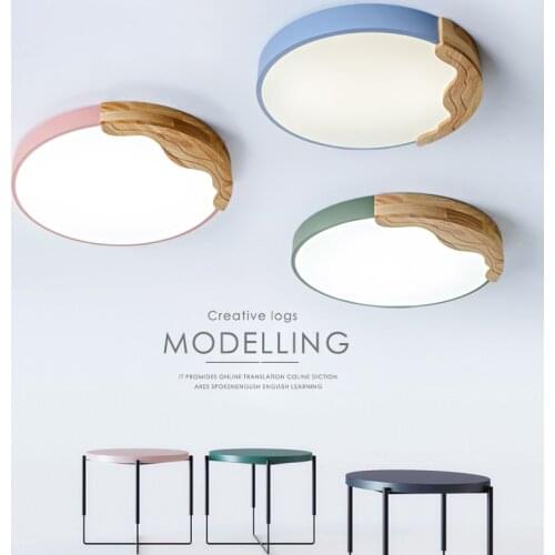 Nordic Bedroom Ceiling Lamp LED Solid Wood Creative Round Smart Dimmable Ultra-thin Macaron Childrens Room Lights