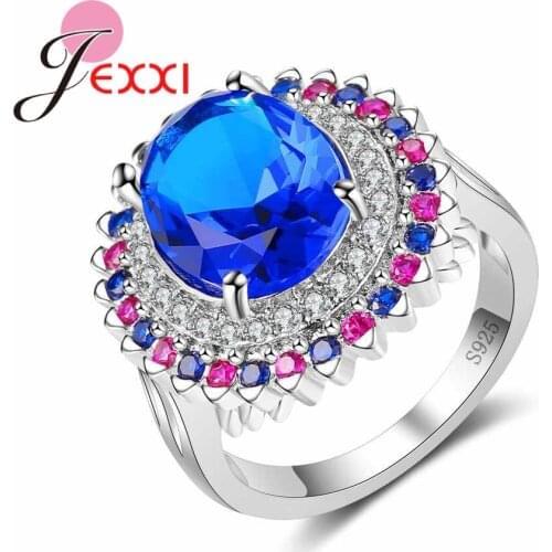 Luxurious Design 925 Sterling Silver Bridal Wedding Accessories Finger Ring With Blue Crystal Women Bijoux Accessories