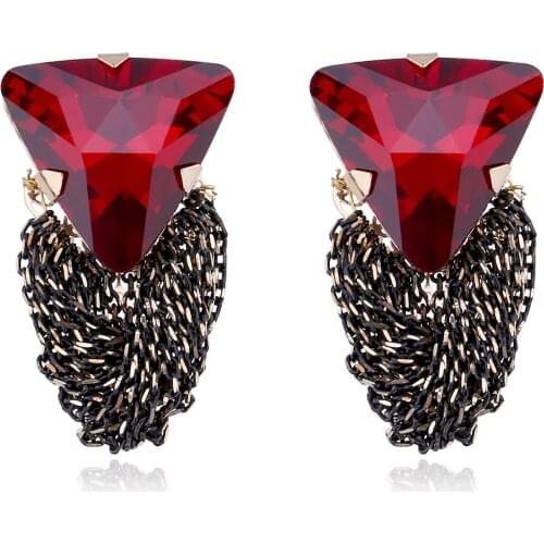 HAHA&TOTO Handmade Crystal Earrings for Women Girls Triangle Crystal with Black Chains Fashion Stud Earrings Gift Jewelry Bijoux