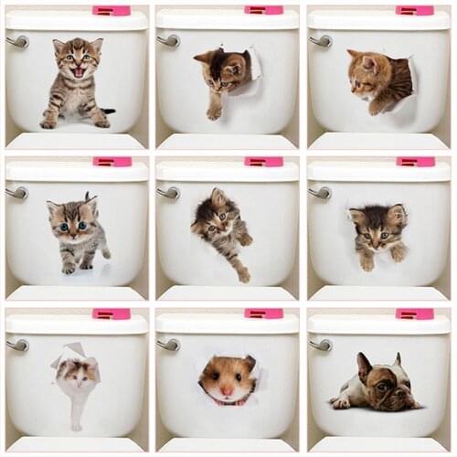 Funny Cat Dog Rat Toilet Stickers For Wc Wash Room Home Decor Diy Vivid 3d Hole Wall Decals Cartoon Animals Mural Art Pvc Poster