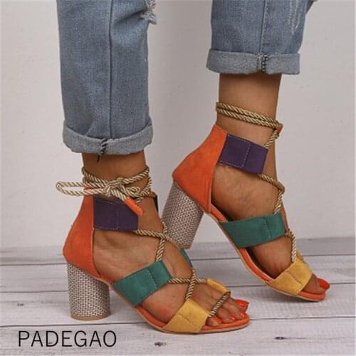 2020 Women Sandals Yellow Europe Patchwork High-heeled Sexy Fashion Lace-Up Womens Sandals