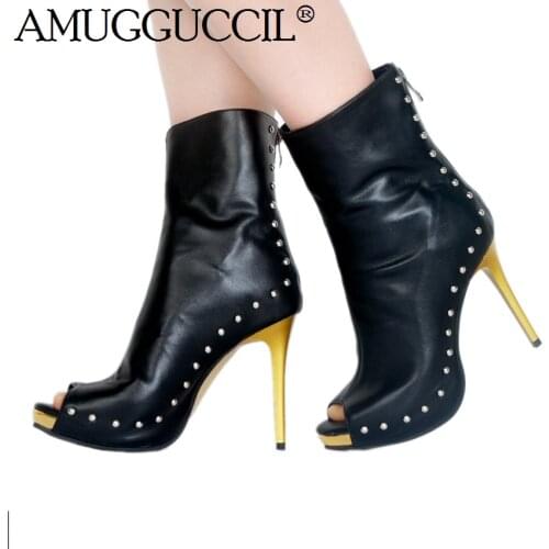 2020 New Plus Big Size 35-52 Black Zipper Rivets Fashion Sexy High Heel Females Lady Sandals Women Summer Boots X1834