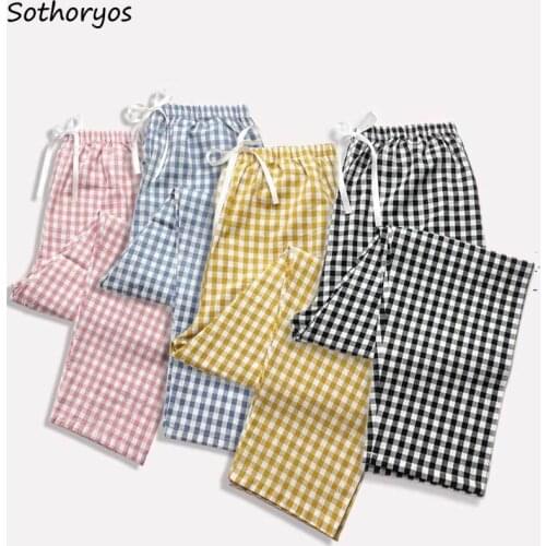 Plaid Sleep Bottoms Women Spring Summer Breathable High Waist Ribbon Bow Sweet Sleepwear Elegant Straight Homewear Japan Style