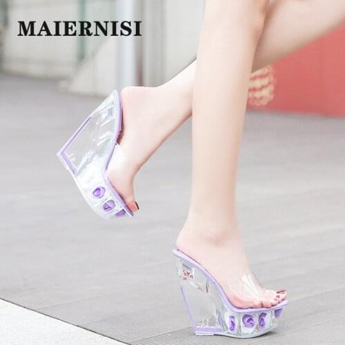 2021 New Summer Platform Wedges Heels Slippers Ladies Fashion Open Toe Womens 14cm Shoes Transparent Crystal Sandals Size 35-39