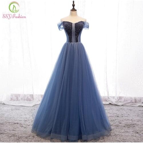 SSYFashion New Grey Blue Crystal Beading Long Evening Dress Banquet Elegant Formal Dresses Prom Gown Vestidos De Noche