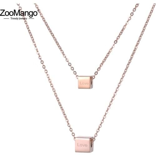 ZooMango 2 Layers Stainless Steel Pendant Necklaces Rose Gold Love Letter Square Choker Necklace Valentines Day Gifts ZN18276