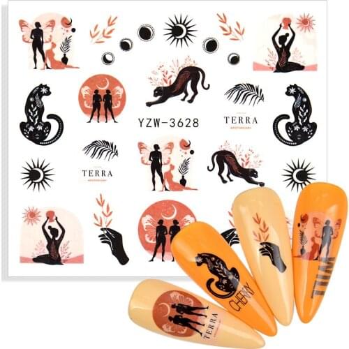 1 Sheet 3D Black Cartoon Cat Heart Water Transfer Sticker Fruit Flower Leaf Animal Anime Nail Art Decoration Watermark Decal