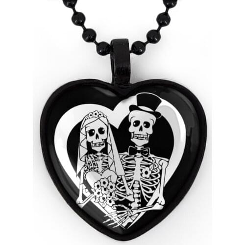 2000s Aesthetics Fashion Wedding Bride Groom Sugar Skull Heart Pendant Necklace Black Round Bead Chain Gift Bridesmaid jewelry