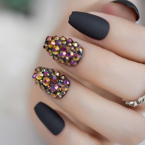 3D Rose Black Metallic Rhinestones Frosted Ballerina Coffin False Nail Tips Matte Black Pre-design Flat Top Fake Nails Tips