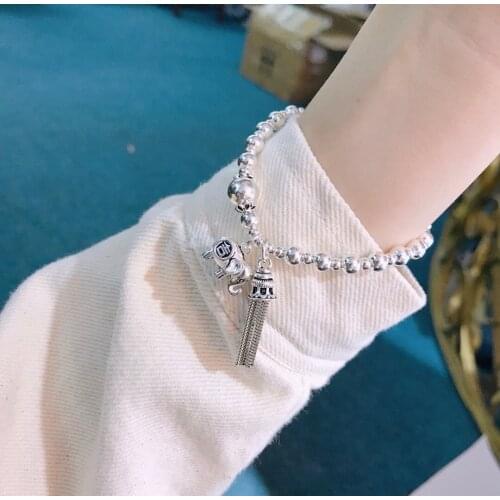 Whole 100% Real 925 Sterling Silver Elegant Beaded Strand Bracelets Retro Elephant Mysterious Ancient Tassel Chain Adjustable