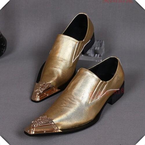 Christia Bella Large Size British Style Pointed Toe Man Golden Serpentine Shoes Party Formal Male Shoes Mens Nightclub Shoes