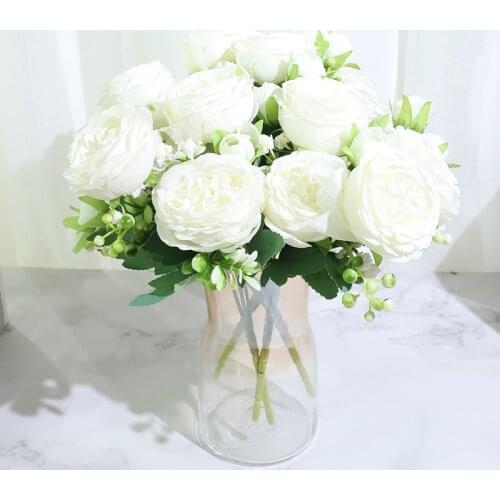 Cheap Artificial Rose Silk Peony Flower Rose Wedding Home DIY Decoration High Quality Large Bouquet Moss Accessories Crafts Whit