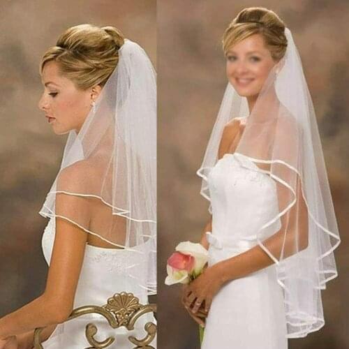 White Ivory 2t Bride Bridal Wedding Veil with Comb, Elbow length, Satin Edge