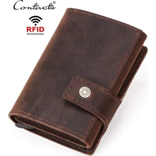 CONTACT' Men Wallet Crazy Horse Leather RFID Credit Card Holder Business Card Case Aluminium Box Fashion Card Wallets Male Purse