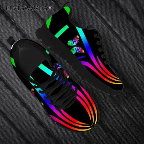 ELVISWORDS Butterfly Pattern Breathable Lace-up Air Mesh Sneakers for Women Lightweight Ladies Flat-Shoes Brand Design Footwear