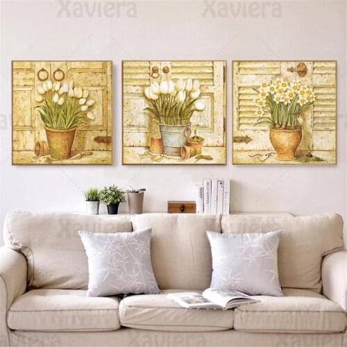 Retro Poster Flower Potted Garden Chic Shabby Canvas Print Hanging Painting Wall Art Picture for Living Room Dining Room Bedroom