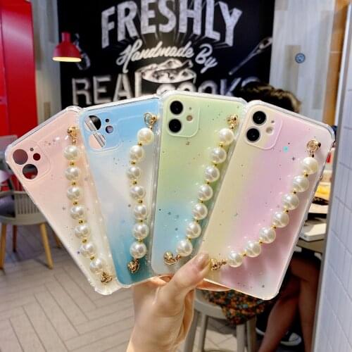 Resin Pearl Wrist Chain Refreshing Case for iPhone 12 Pro Max Back Phone Cover for 12 11 Pro Max X XS XR 8 7 Plus SE 2020