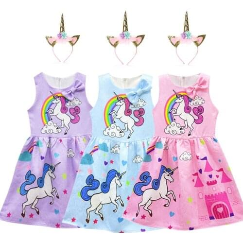 Unicorn baby girl dress childrens clothing childrens party dress bow clothes kids princess dress unicornio vestido headband